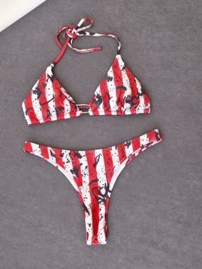 Red & White Striped Triangle Bikini Set - Women Swim